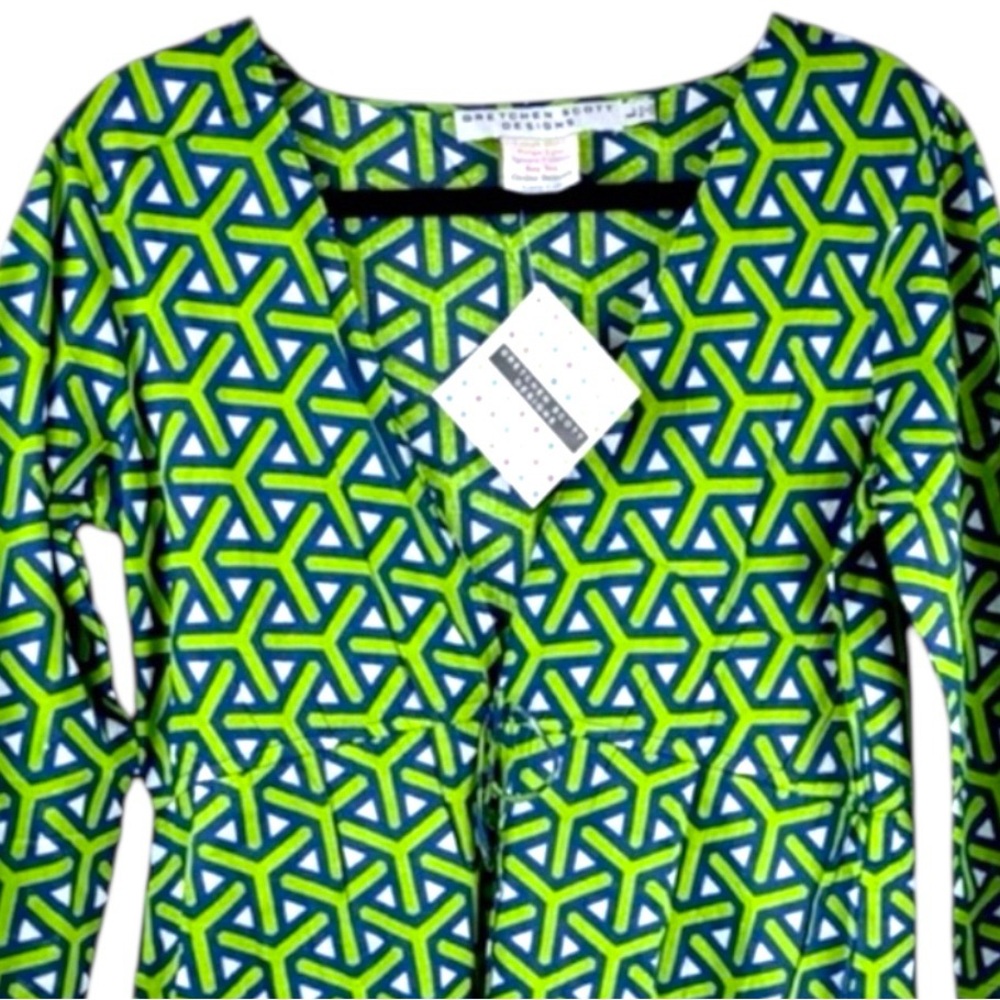 Gretchen Scott Geo Print Cotton Tunic Dress Pockets Blue Green L NWT